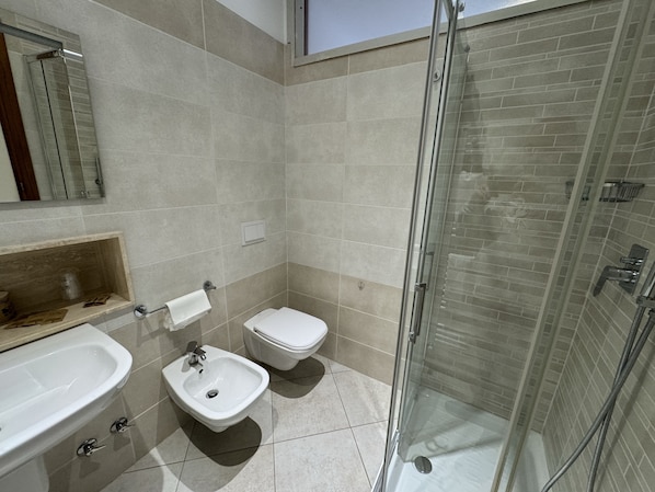 Un baño moderno con ducha de vidrio, un lavamanos blanco y un bidé.