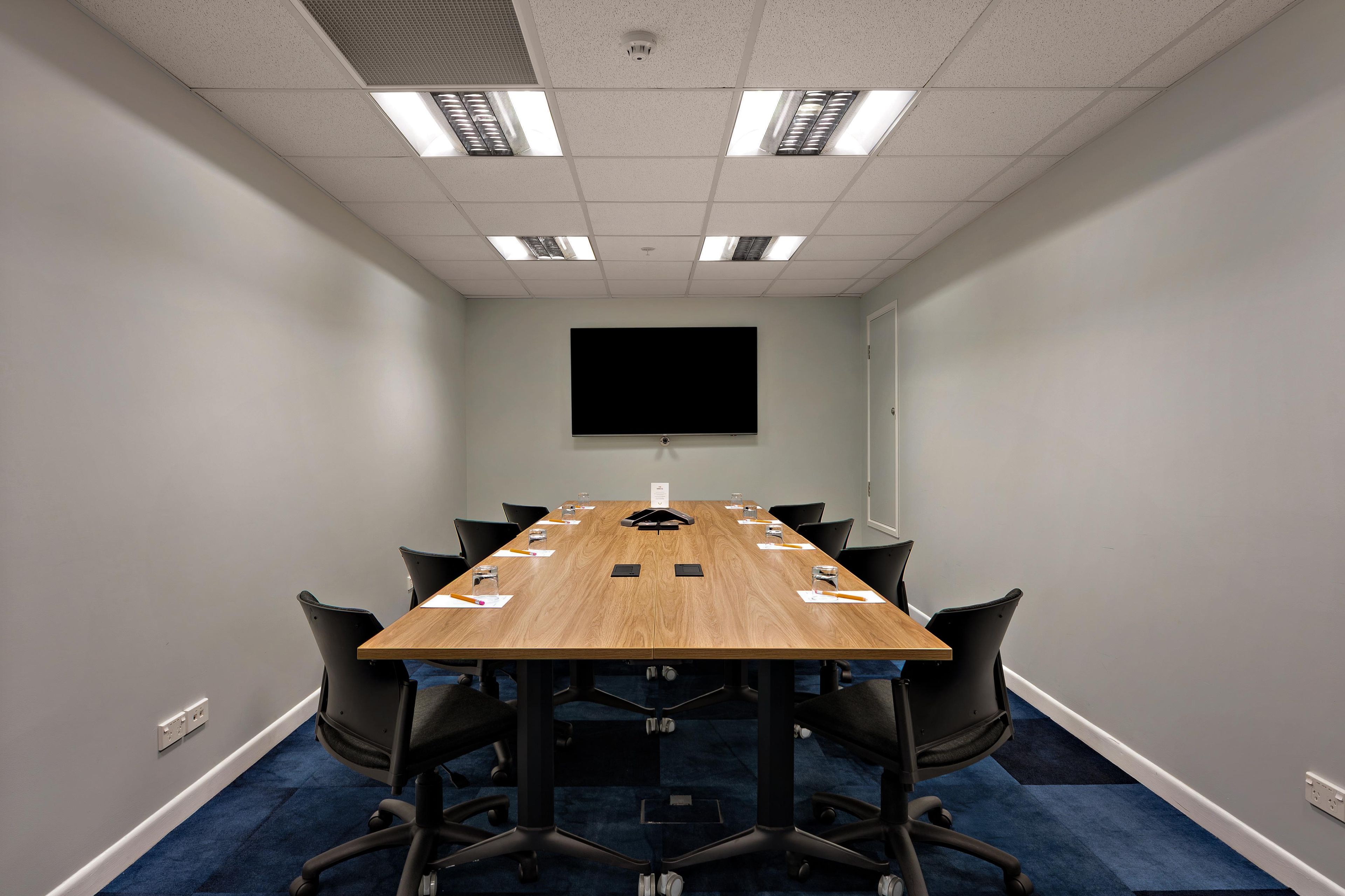 Un salón de conferencias con una larga mesa, sillas, un televisor de pantalla plana y luces en el techo.