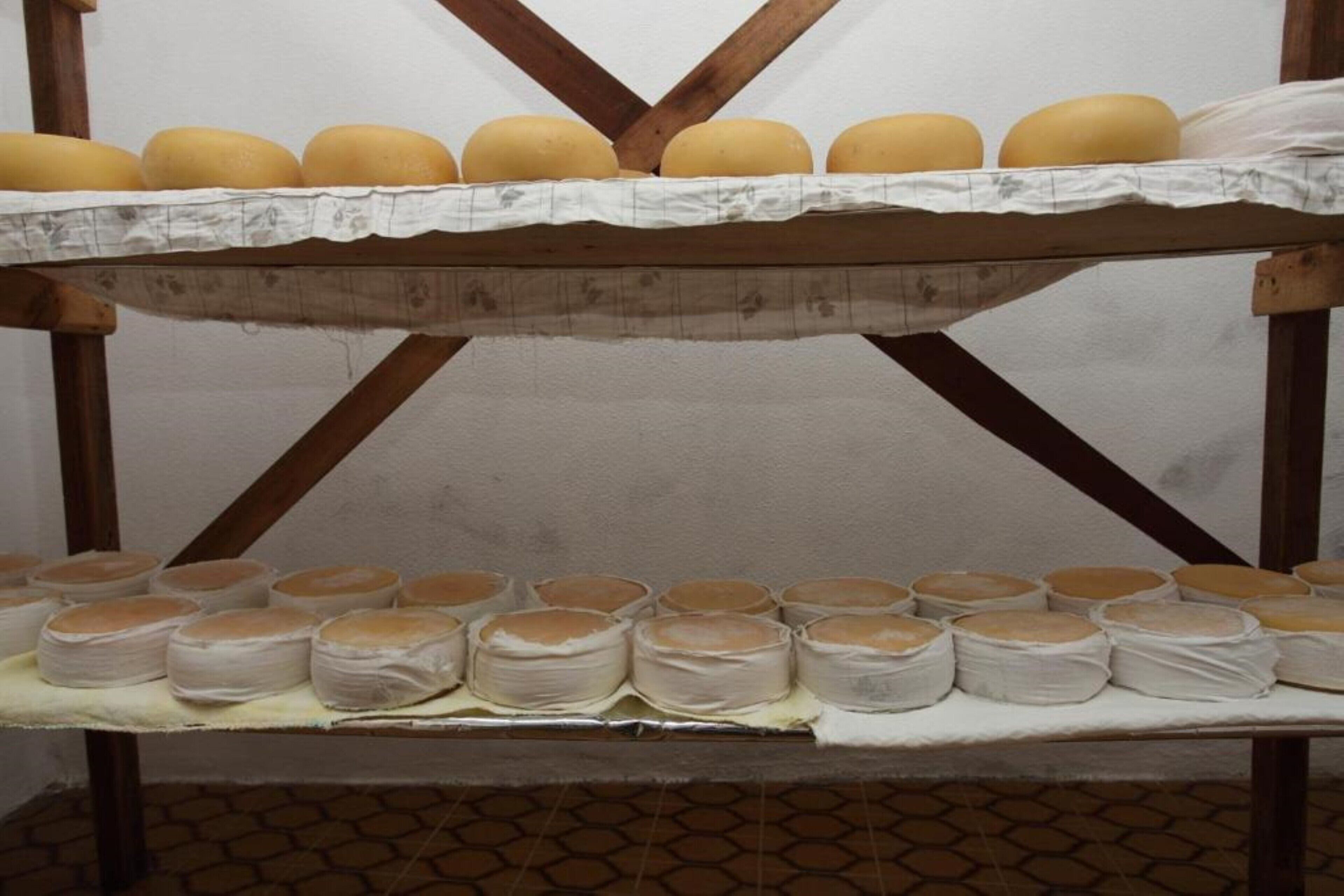 A cheese aging room with wooden racks and tables.