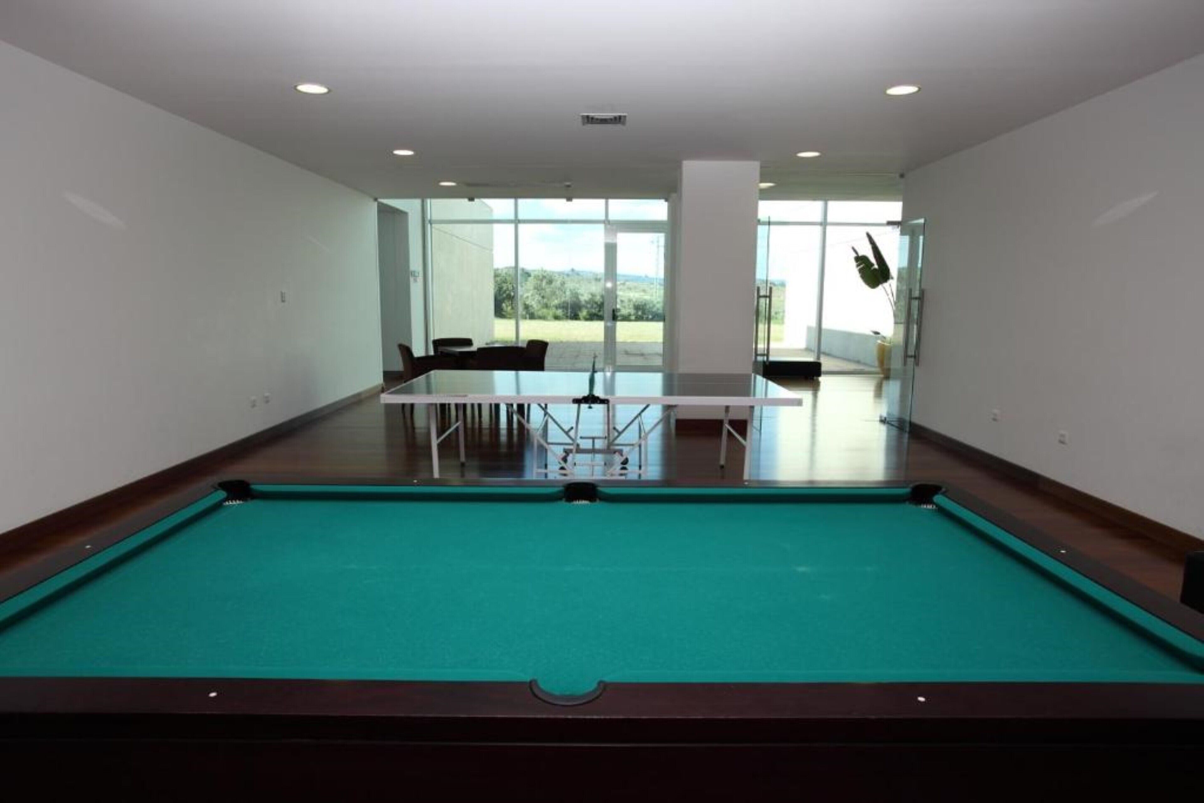 Une table de billard dans une pièce dotée d’une grande fenêtre, une table avec des chaises, et une vue sur la verdure à l’extérieur.