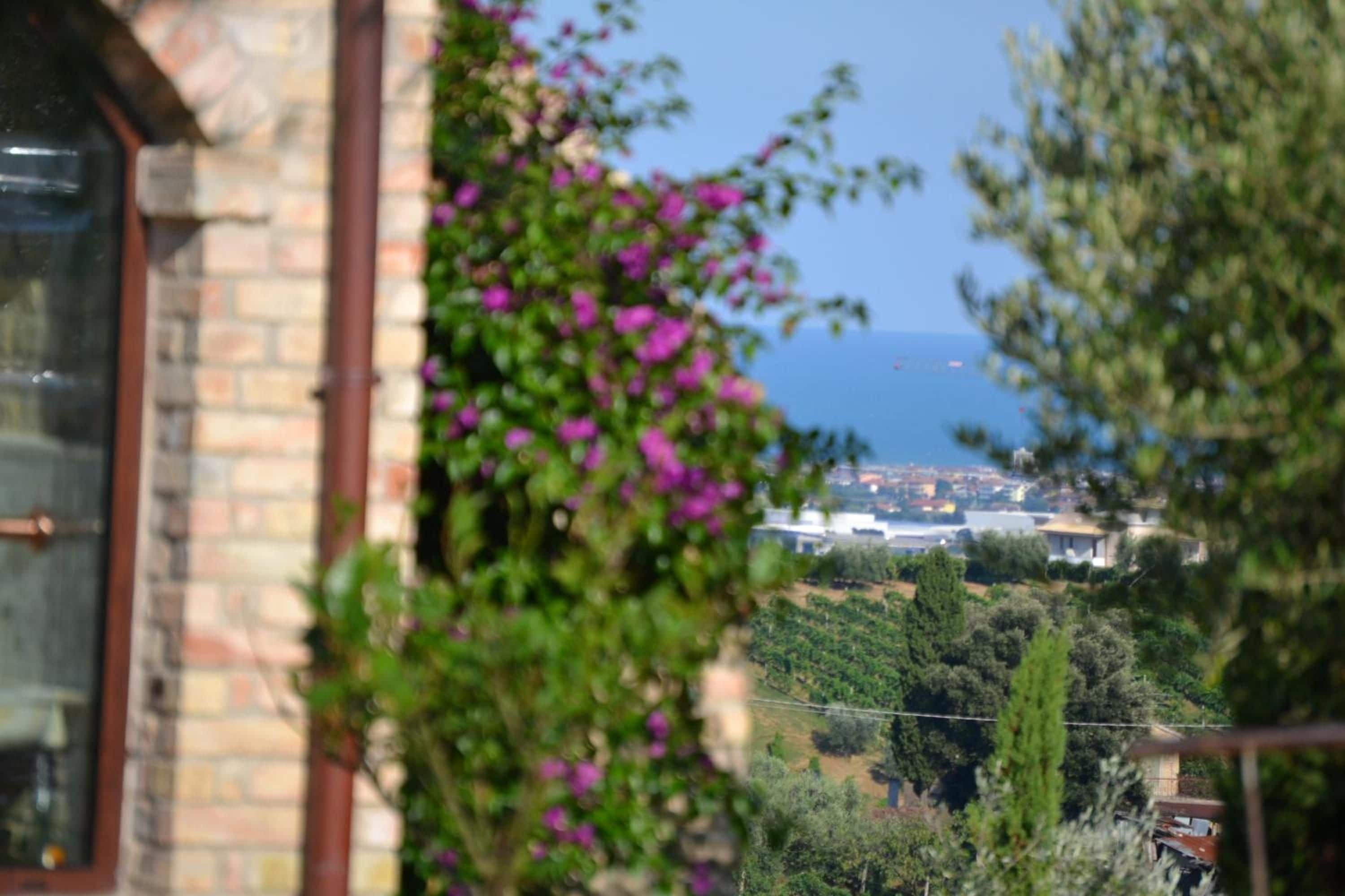Vista pela janela, com parede de tijolos, varanda com vegetação e paisagem distante incluindo um corpo d'água e edifícios.