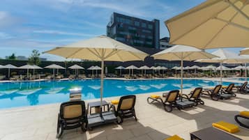 Indoor pool, outdoor pool, pool loungers