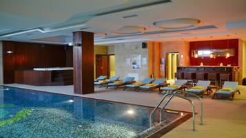Indoor pool, outdoor pool, sun loungers