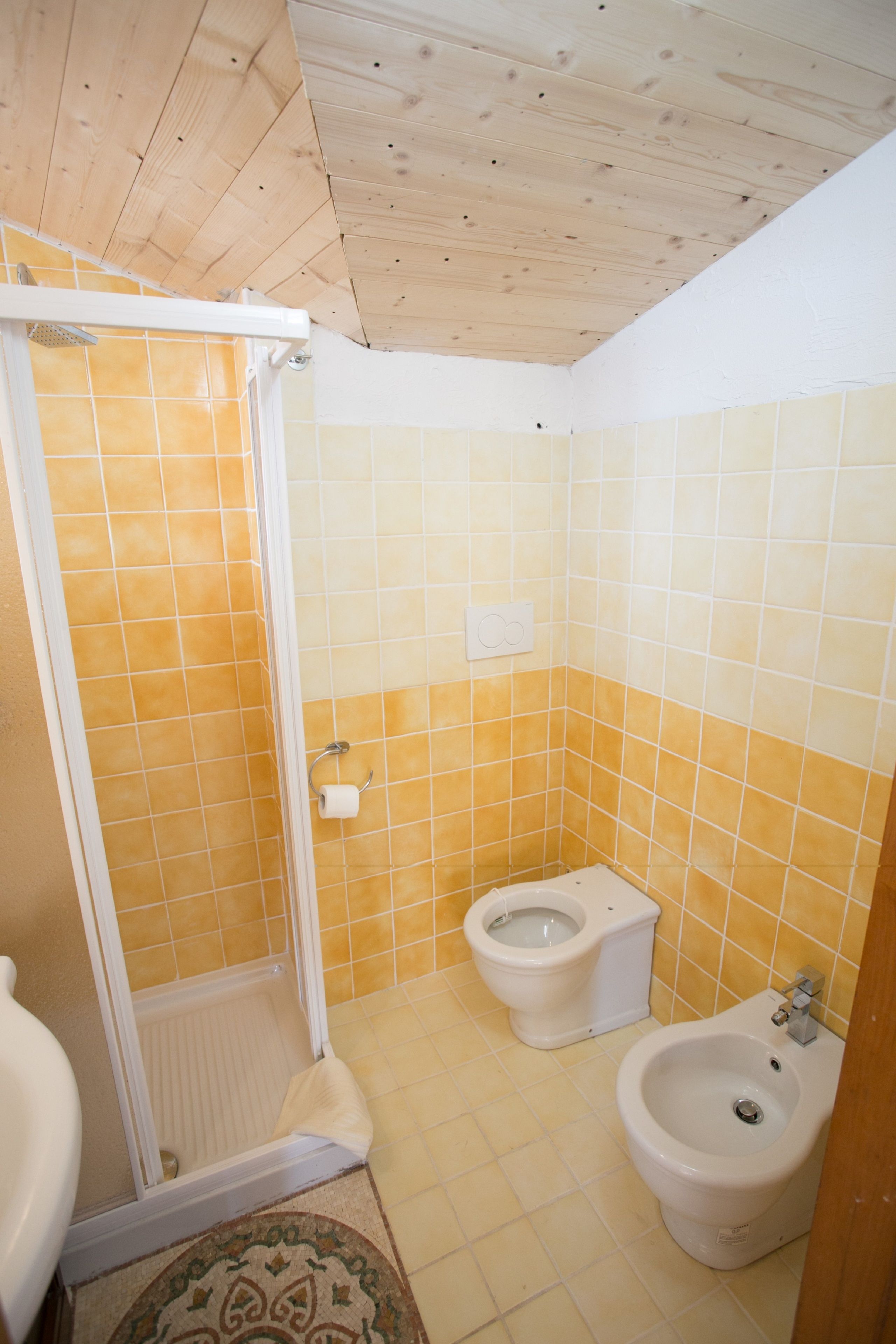A bathroom with a shower, toilet, and bidet.