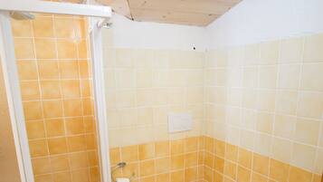 A bathroom with a shower, toilet, and bidet.