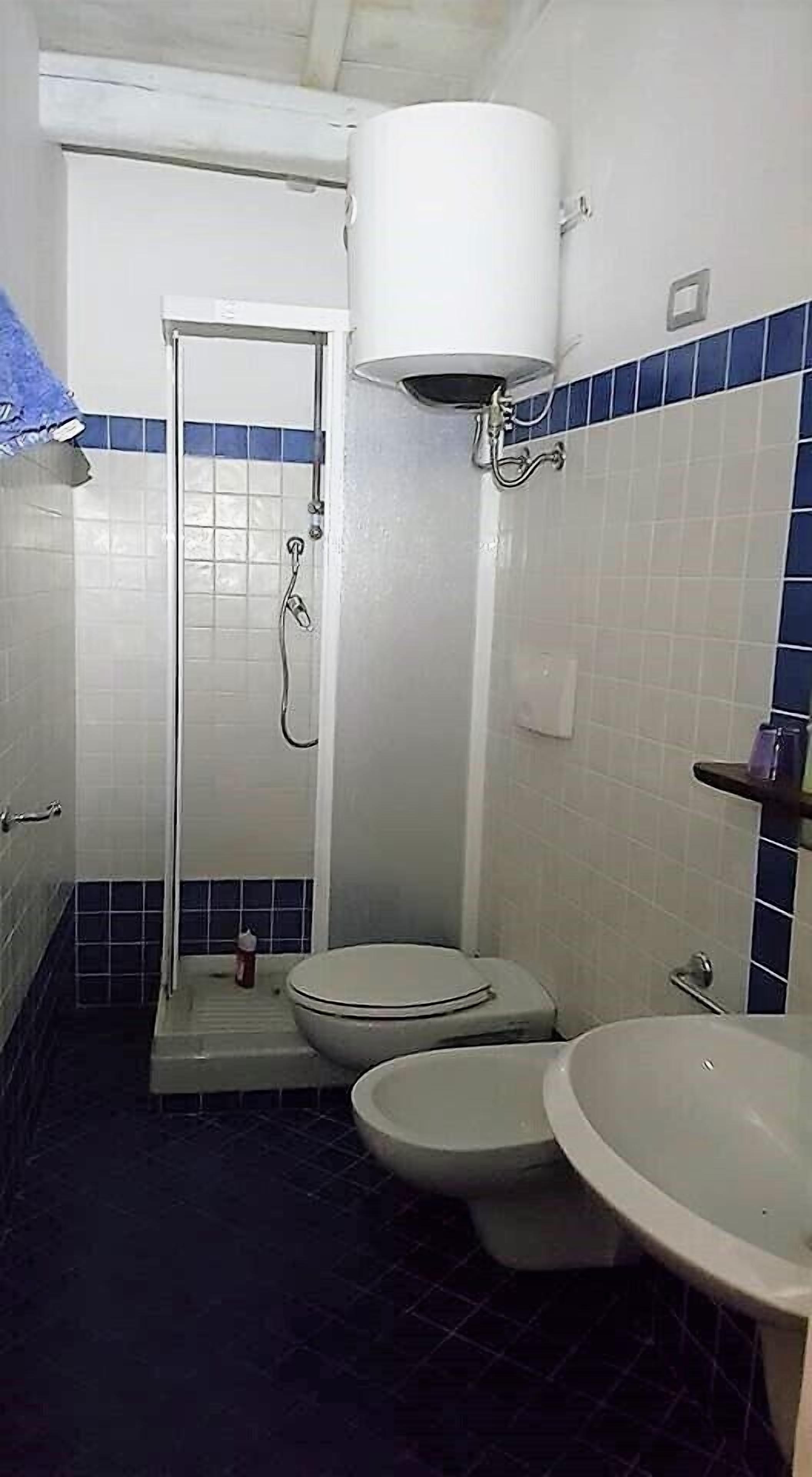 Un bagno con doccia, due servizi igienici e un lavandino.