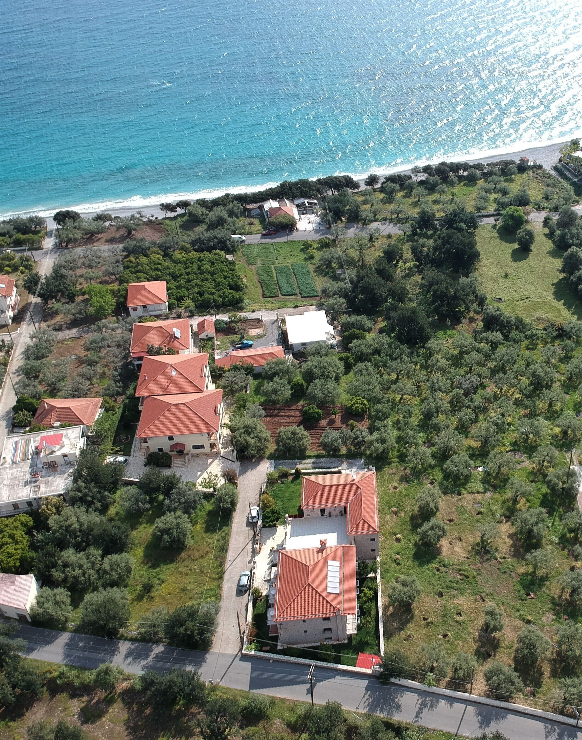 Vista aérea de uma área residencial costeira com casas de telhado vermelho, rodeada por vegetação e uma praia.