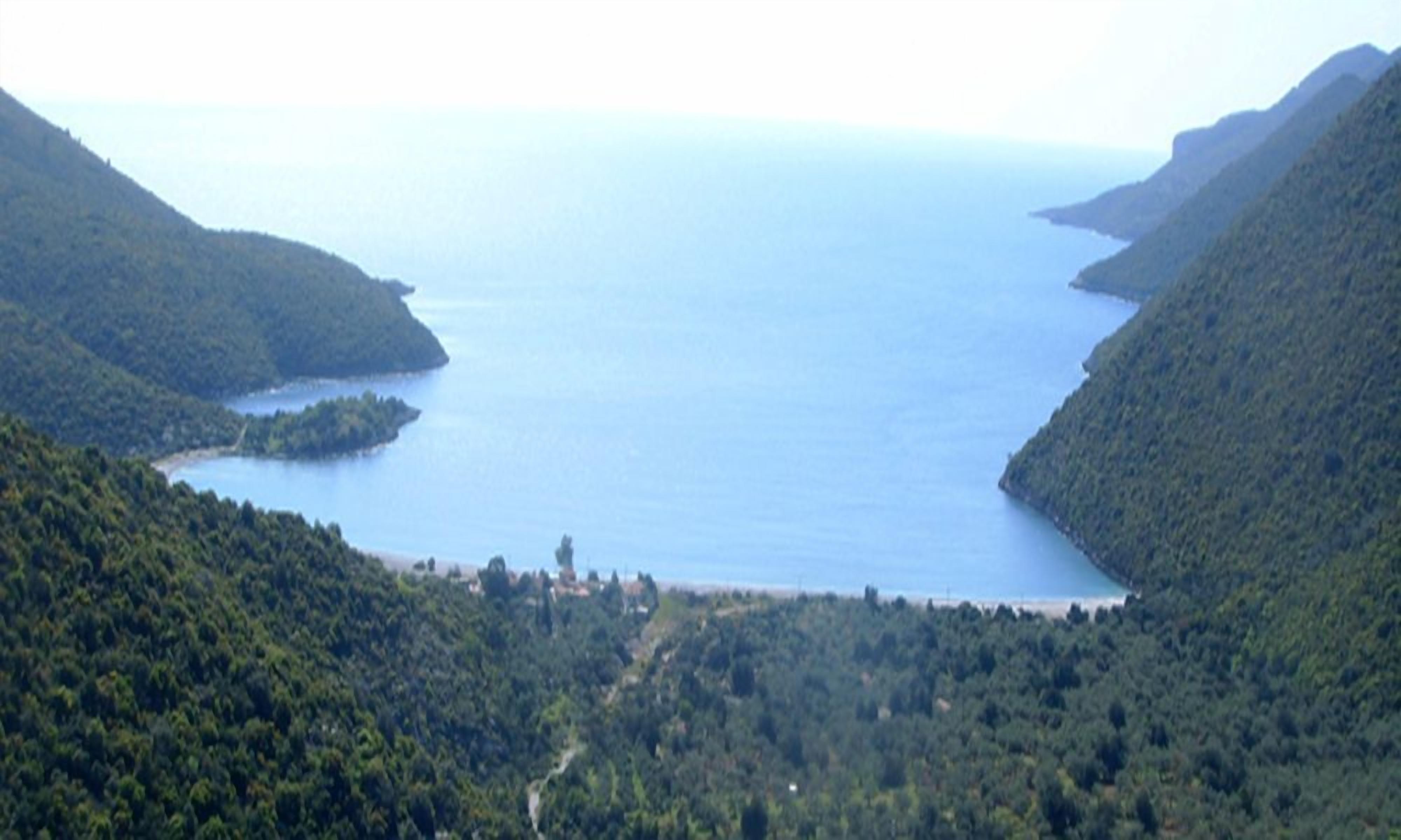 Un paysage côtier offrant une vue dégagée sur une baie, bordée de collines boisées.