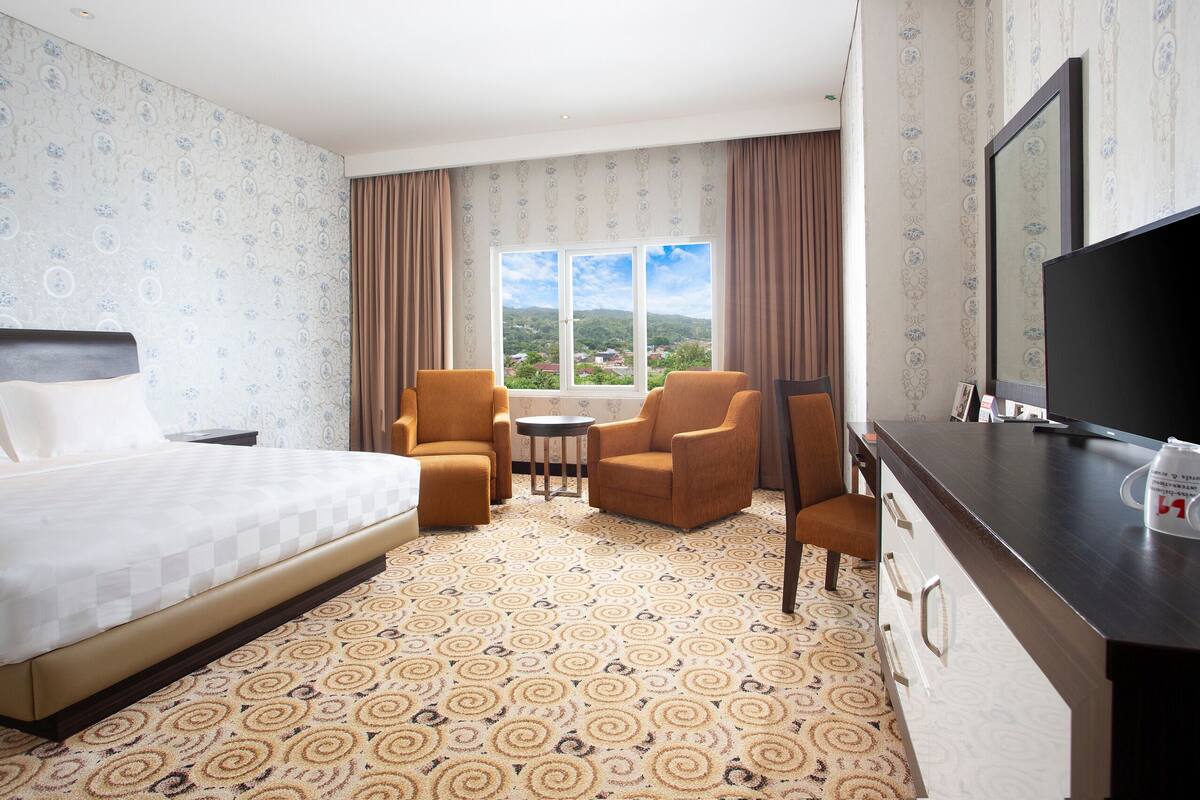 A hotel room with a bed, two armchairs, a small table, a TV, and a view of the landscape through the window.