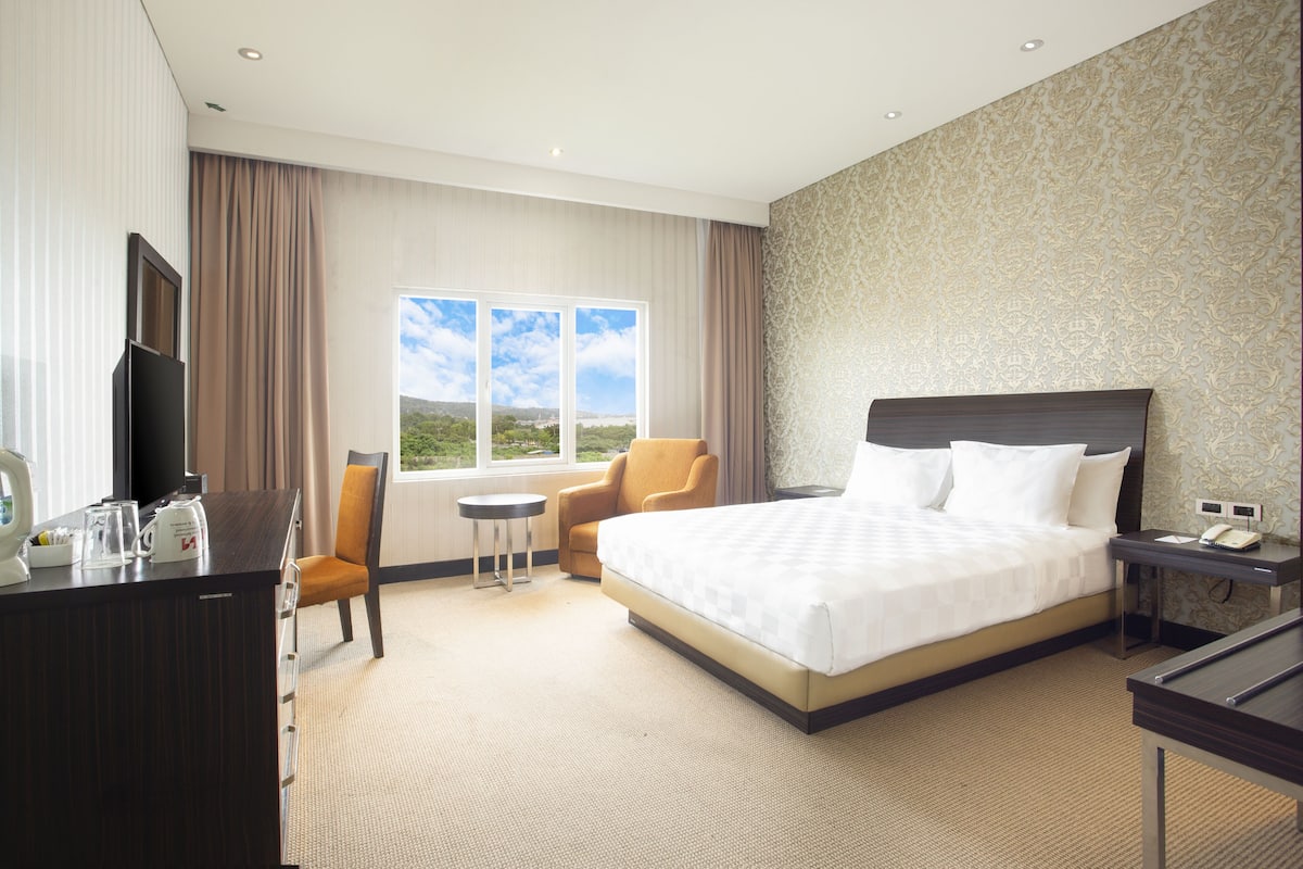 A hotel room with a large bed, a desk with a telephone, a chair, and a television.