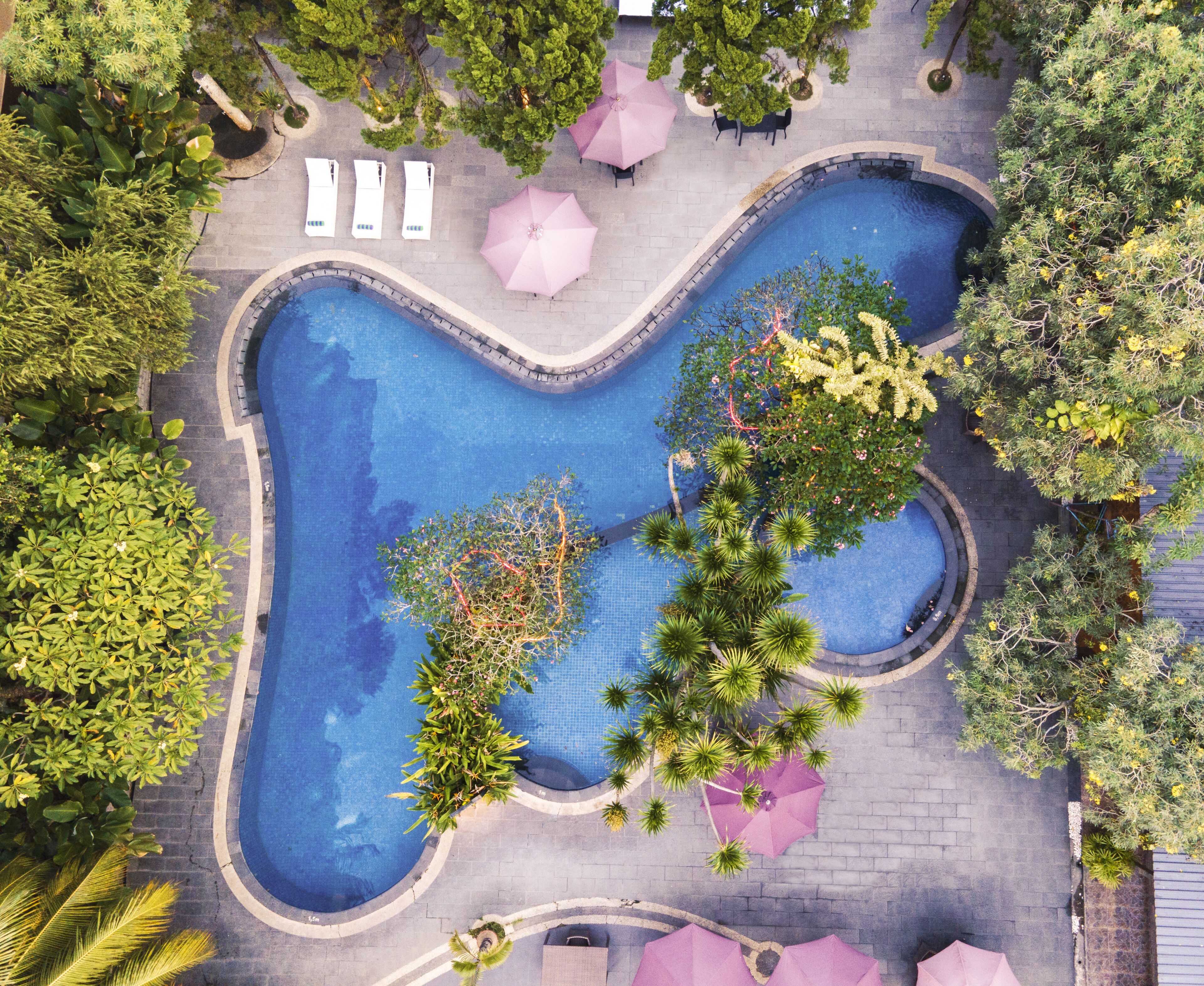 An aerial view of a swimming pool surrounded by lush greenery and outdoor seating areas.