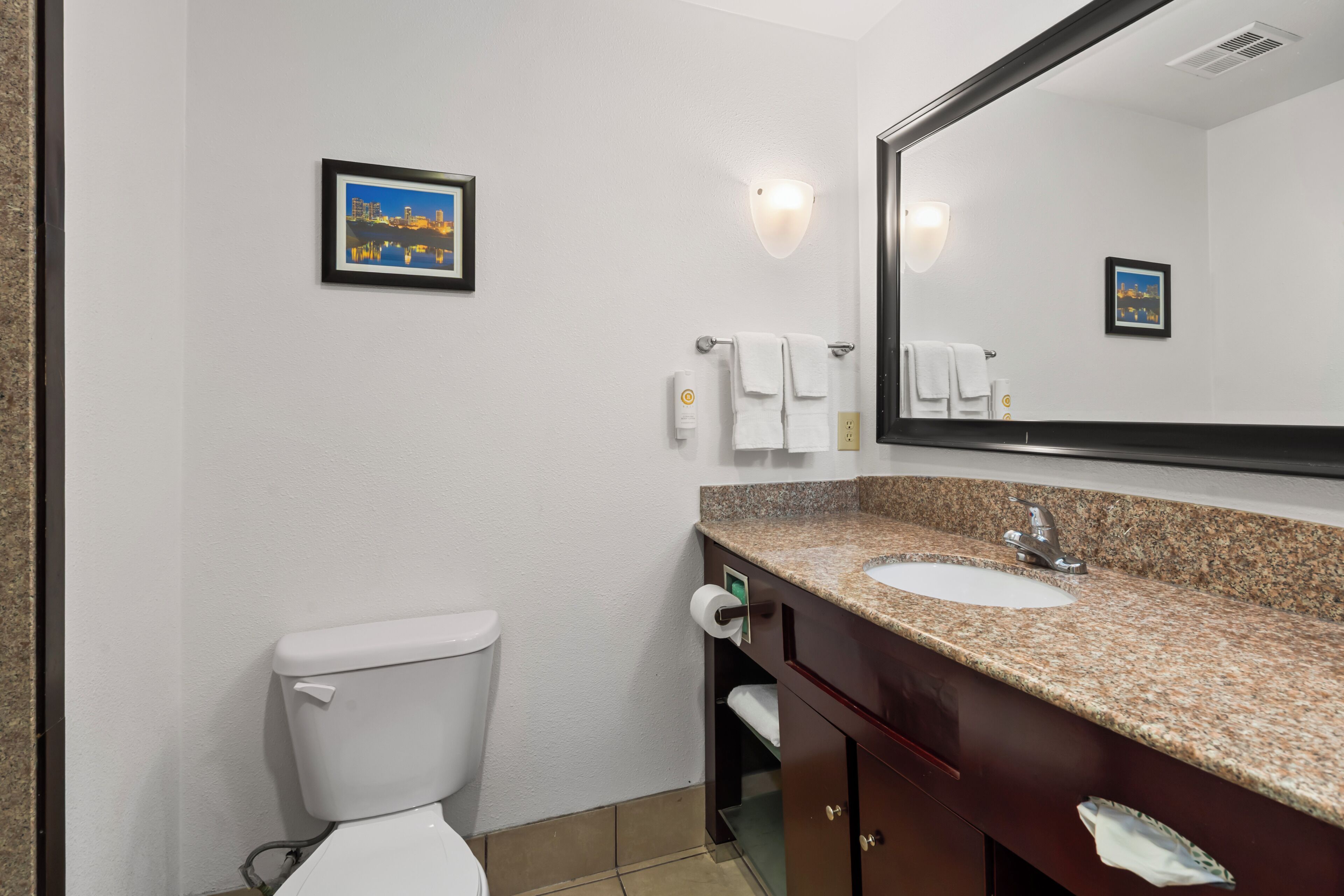 Un baño con inodoro, lavamanos, tocador y un espejo grande.