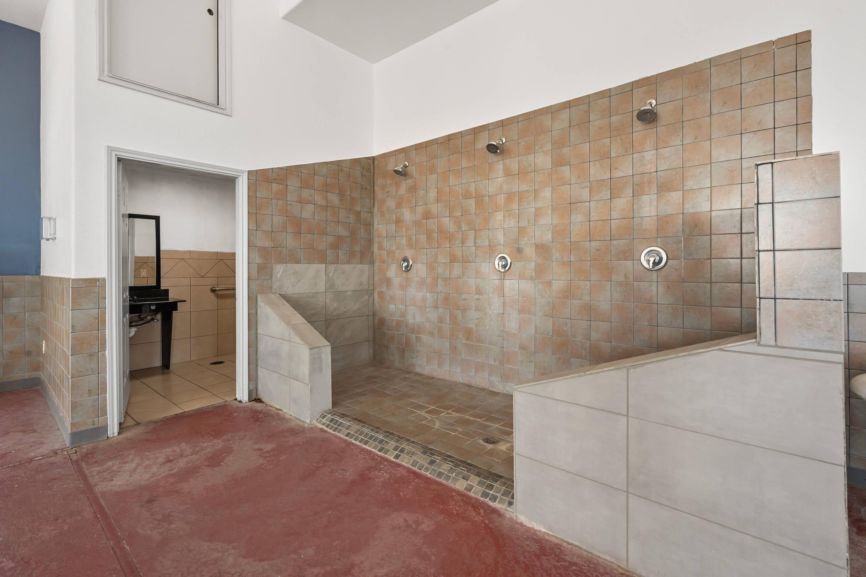 A modern bathroom with a walk-in shower, a bathtub, and a toilet.