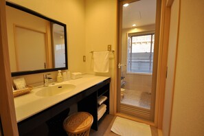 Baño con lavamanos, espejo y zona de ducha.