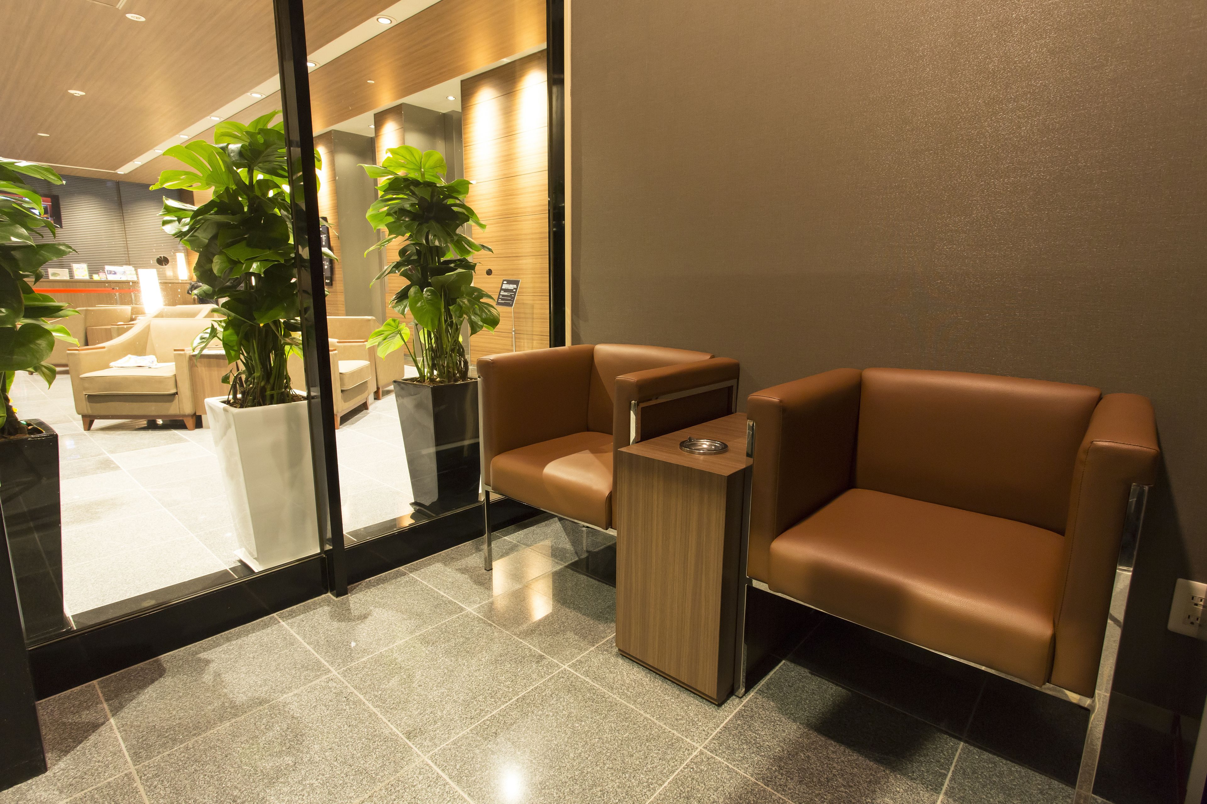 A modern reception area with leather sofas, a wooden side table, and potted plants.
