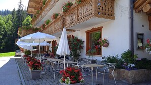 Un café al aire libre con mesas y sillas, rodeado de macetas con plantas y flores.