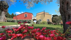 Un edificio con fachada roja y beige, rodeado de un jardín cuidado con flores rojas y un cielo azul claro.