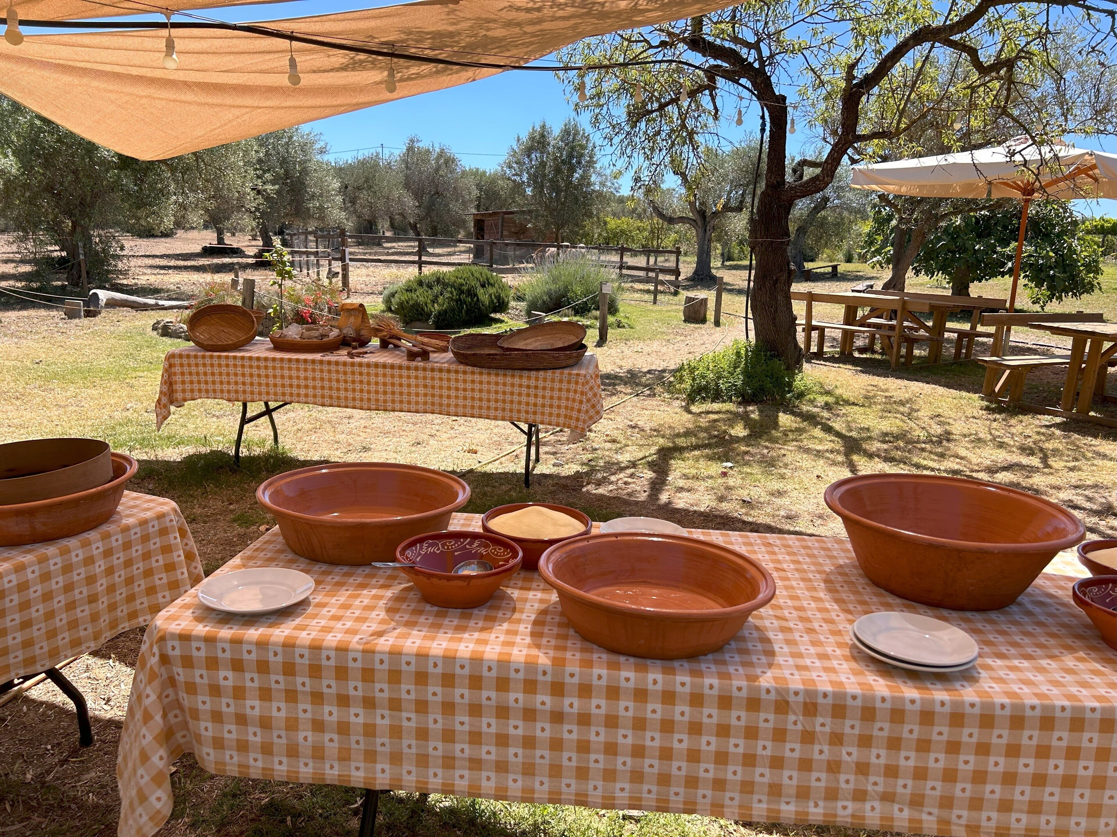 An outdoor dining area with checkered tablecloths and terracotta bowls.