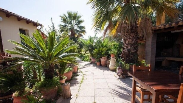 A courtyard with potted plants, a wooden table, and chairs. - Su Leunaxiu (Soleminis)