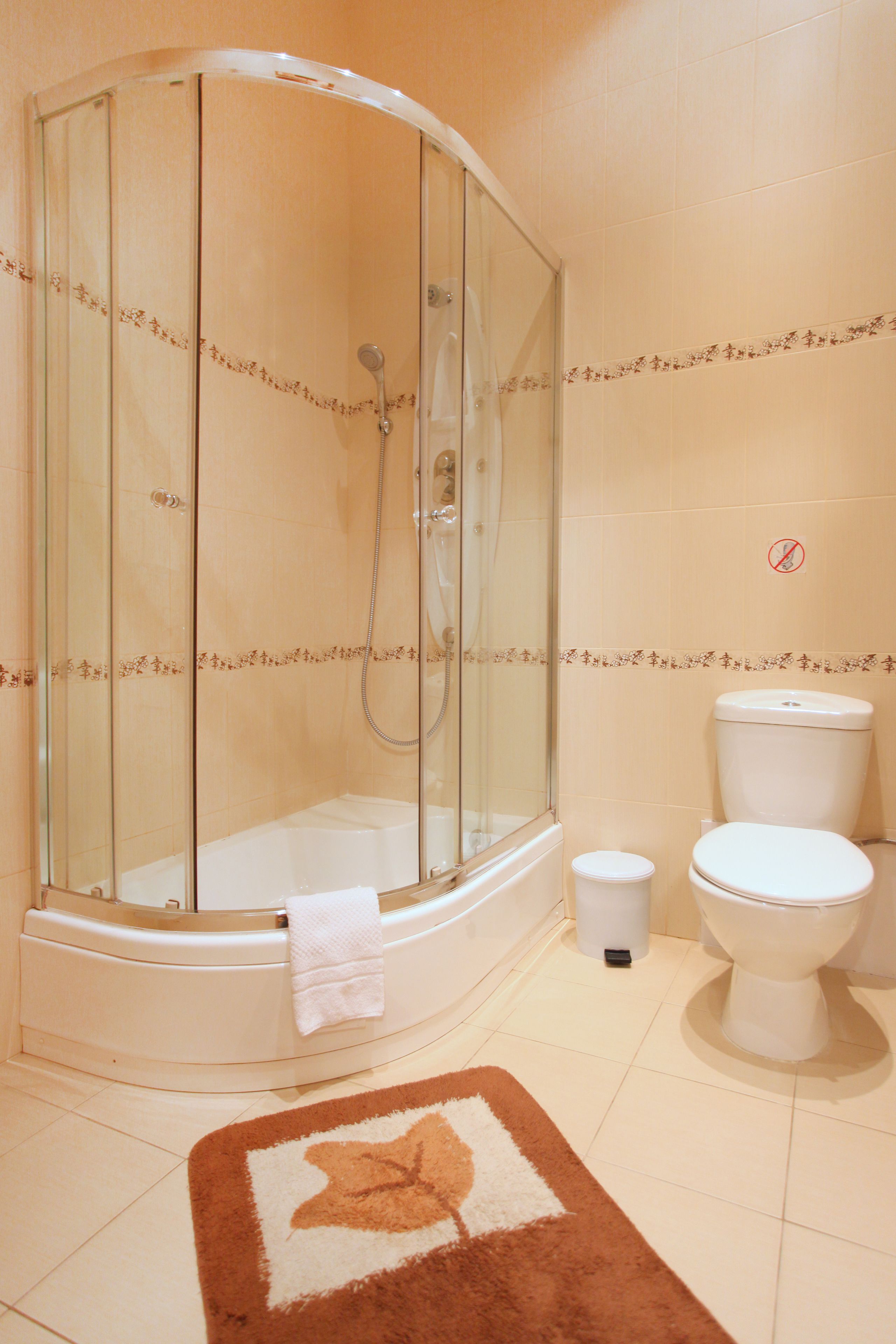 Un baño con ducha de vidrio, inodoro blanco y alfombra marrón con diseño de hojas.