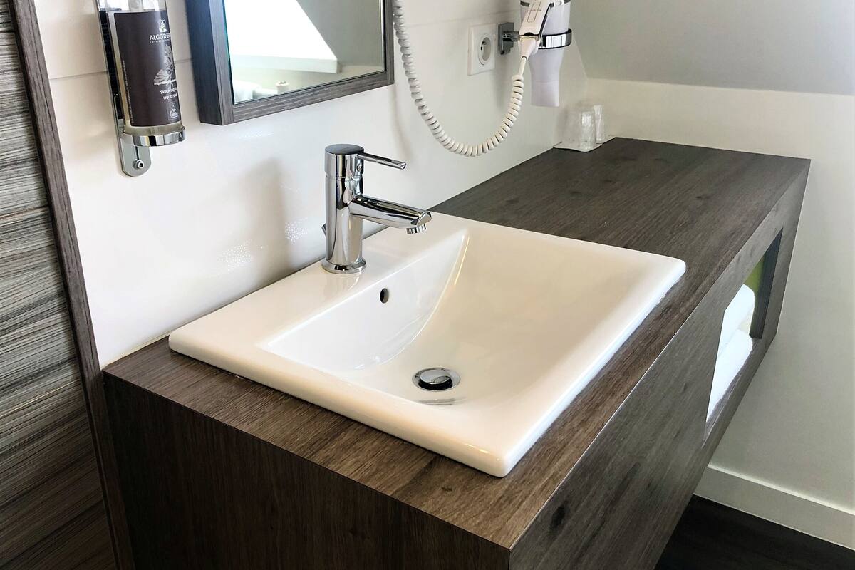 classic double room | bathroom | shower, rainfall showerhead, free toiletries, hair dryer