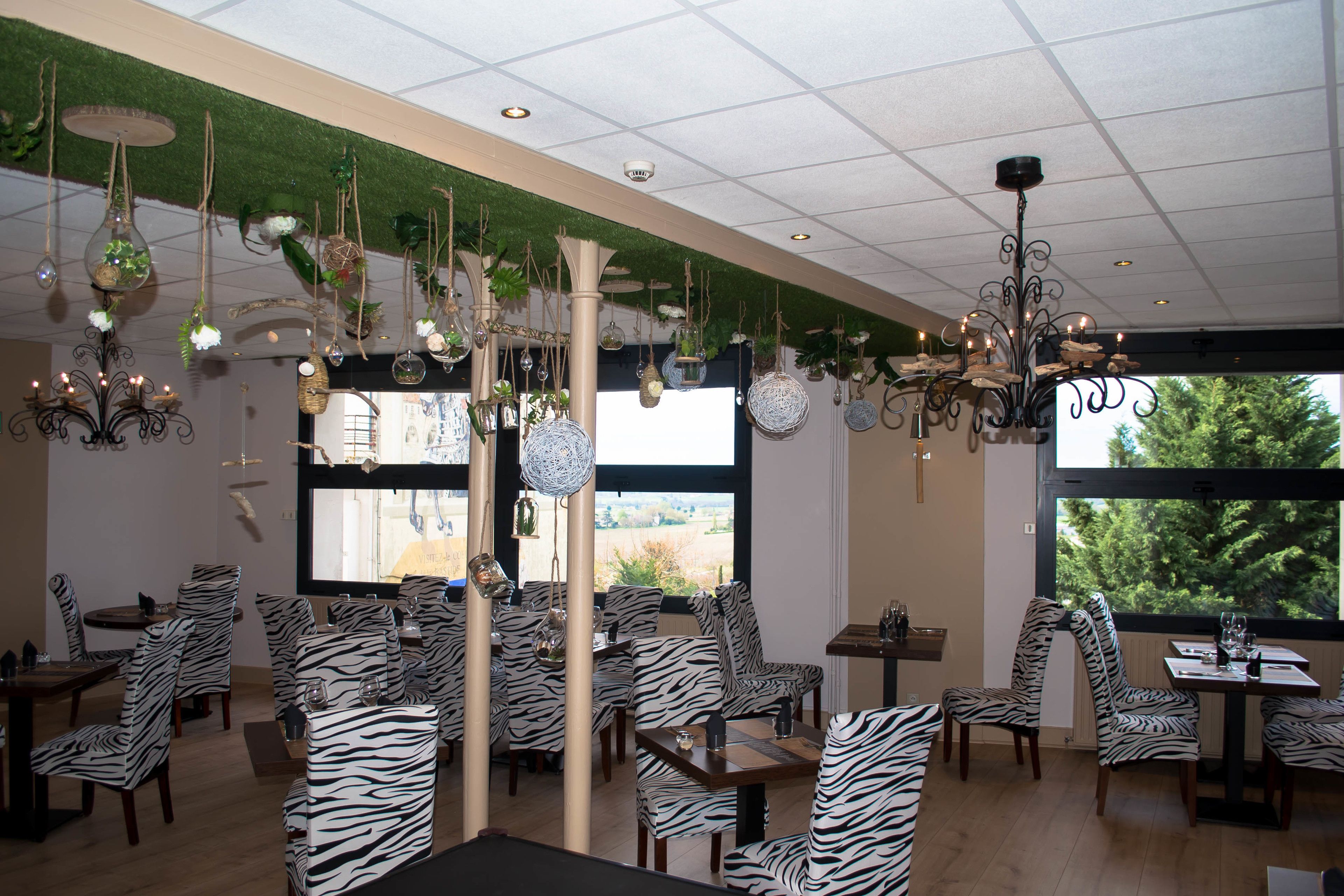 A restaurant with zebra-striped chairs, hanging plants, and a view of trees through large windows.