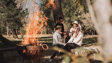 A group of people sitting around a campfire in a wooded area.