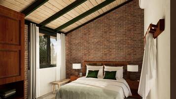 Un dormitorio con pared de ladrillo, vigas de madera en el techo, una cama con ropa blanca, dos mesitas de noche con lámparas y una ventana con cortinas.