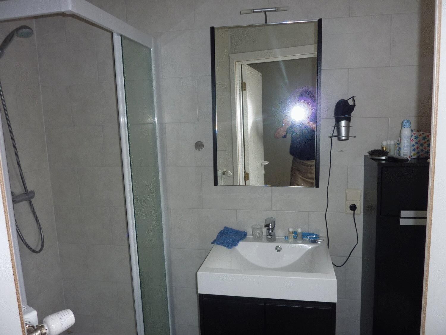 Un baño con ducha, lavabo, espejo y secador de pelo en un estante.