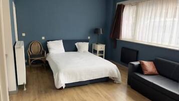A bedroom with a bed, bedside table, lamp, and a sofa.