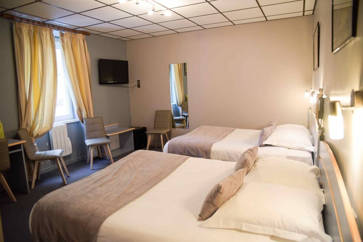 Desk, blackout drapes, cribs (free), WiFi (free)
