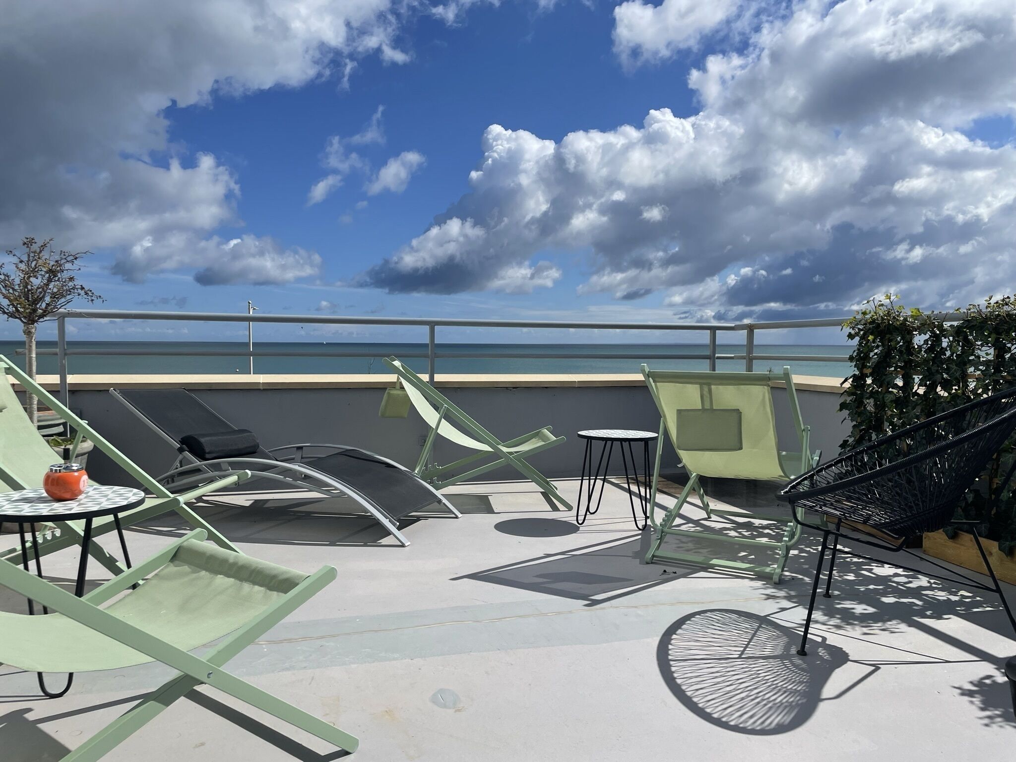 A rooftop terrace with lounge chairs, a small table, and a potted plant.