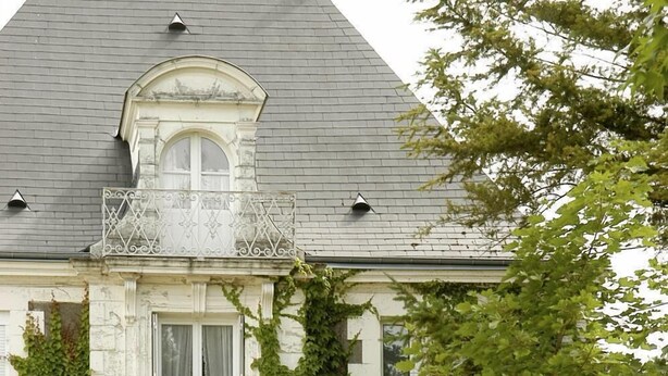 A white building with a grey roof, a balcony with a wrought iron railing, and two flower pots with red flowers in the foreground. - Hermitage (Buzancais)