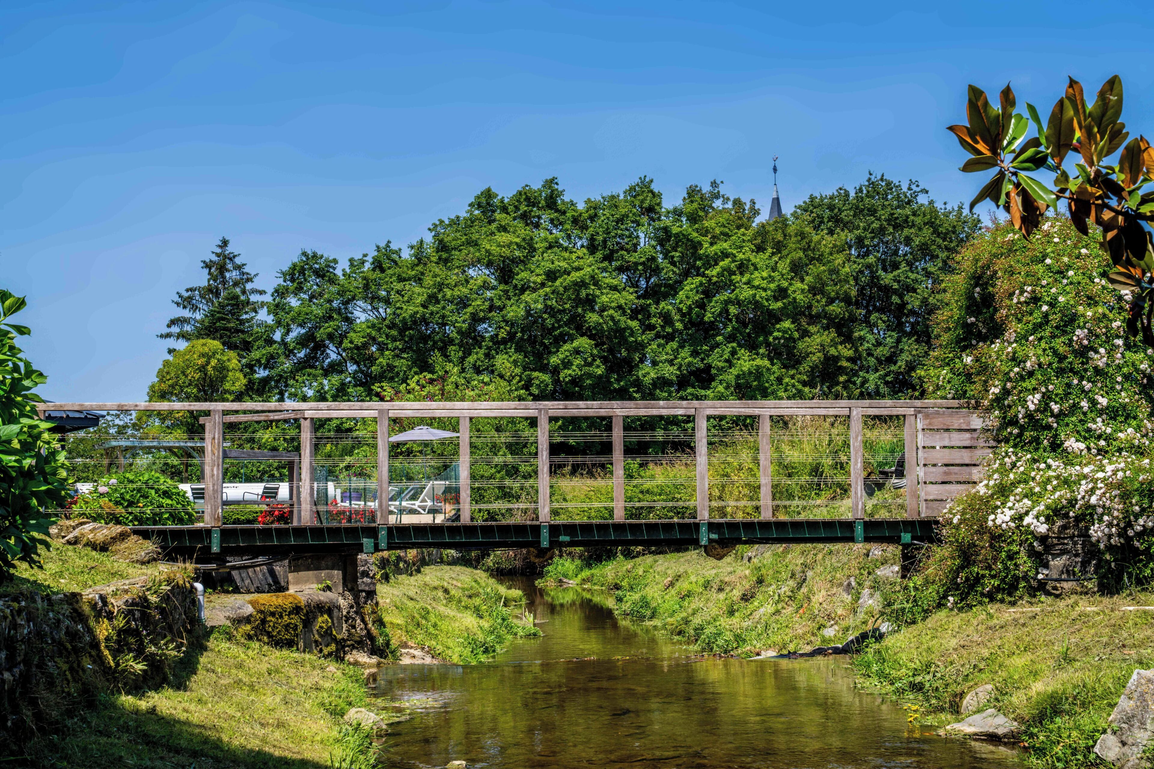 Een houten brug over een kalme rivier, met weelderige begroeiing en bomen op de achtergrond.