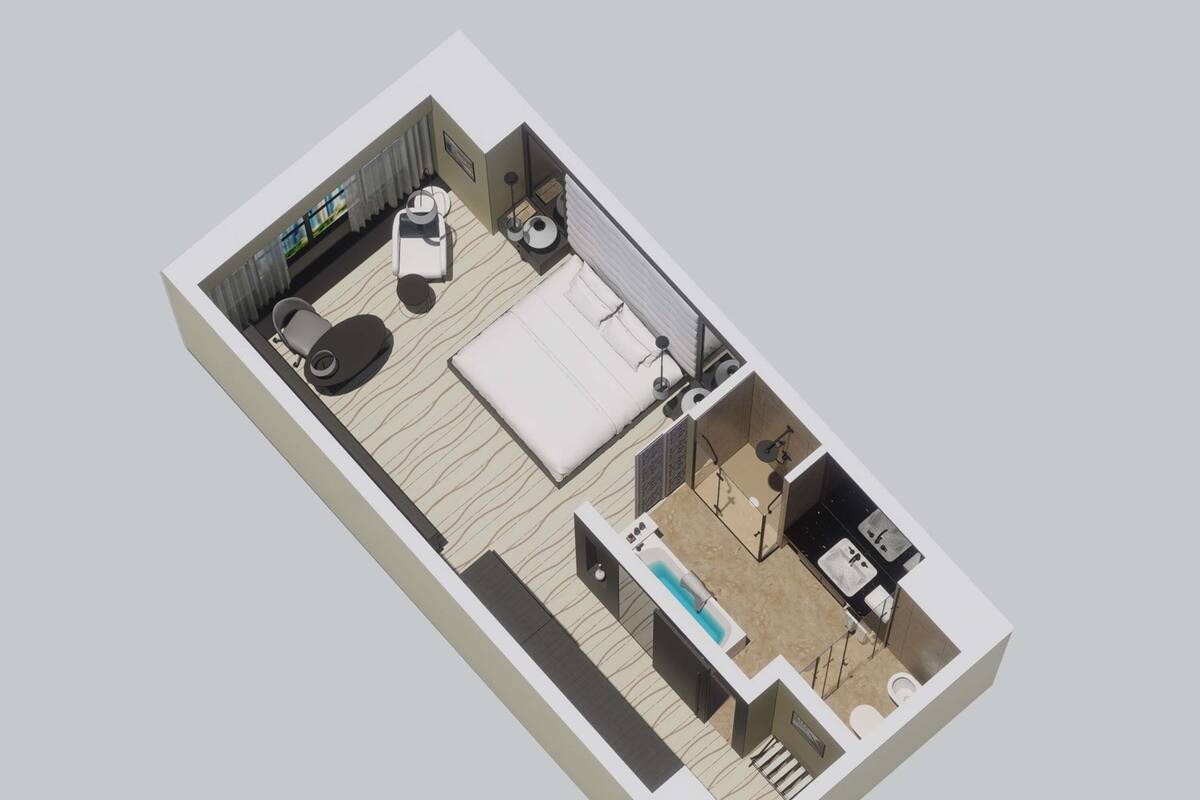 Een 3D plattegrond van een hotelkamer, met een bed, zithoek, een klein tafeltje, een bank, bureau, stoel, raam en een badkamer met douche en wastafel.