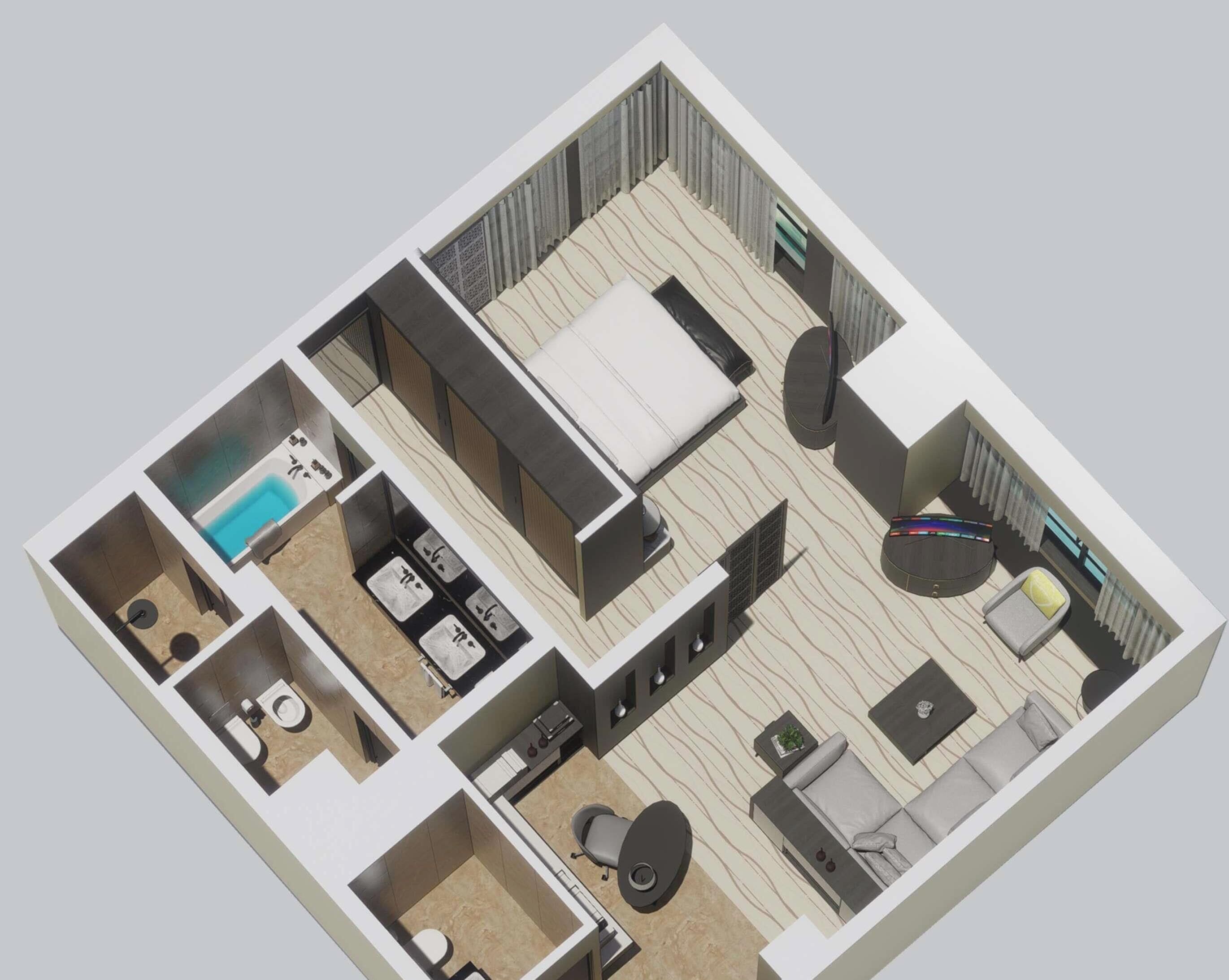 A 3D floor plan of a hotel room with a bed, a small bathroom, a seating area with a sofa and coffee table, and a separate bathroom with a toilet and sink.