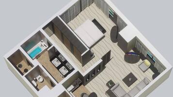 A 3D floor plan of a hotel room with a bed, a small bathroom, a seating area with a sofa and coffee table, and a separate bathroom with a toilet and sink.
