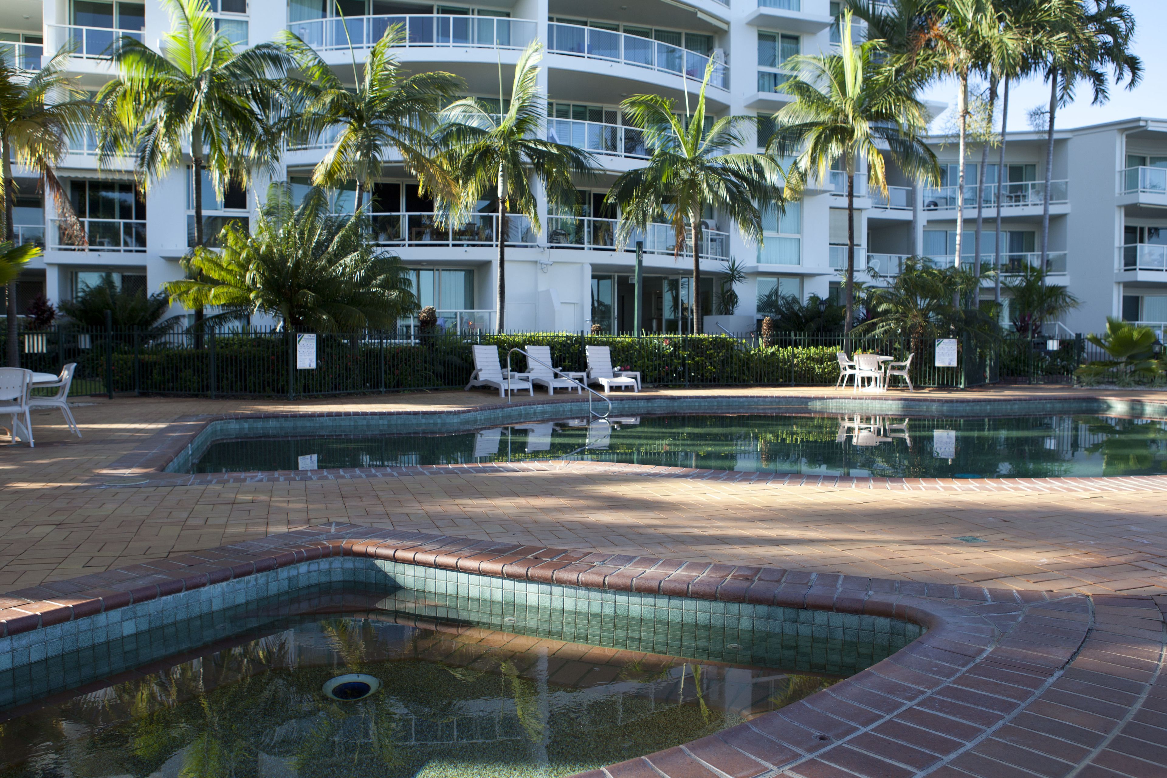 A hotel pool area with lounge chairs and palm trees.