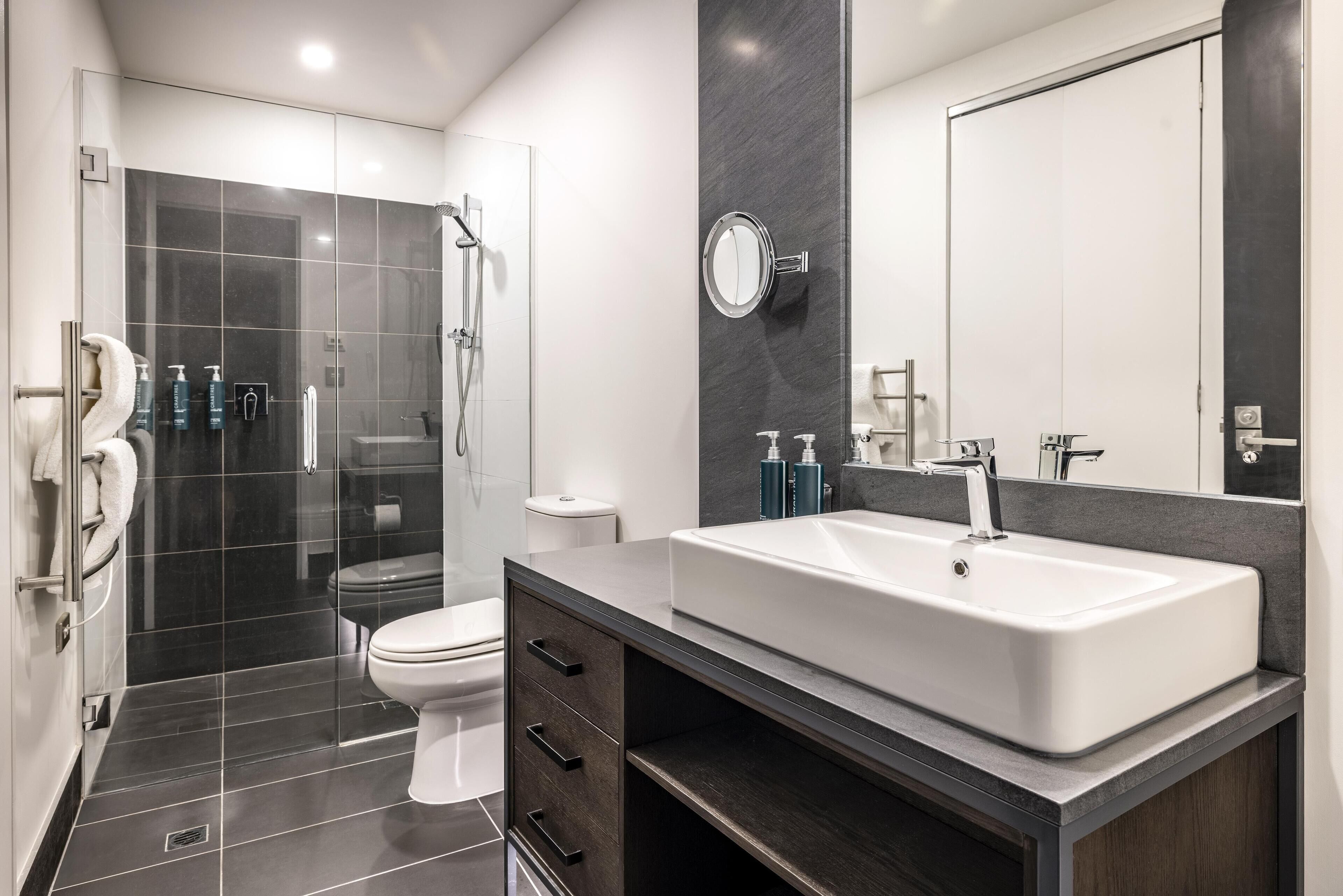A modern bathroom with a large sink, a toilet, and a shower area.