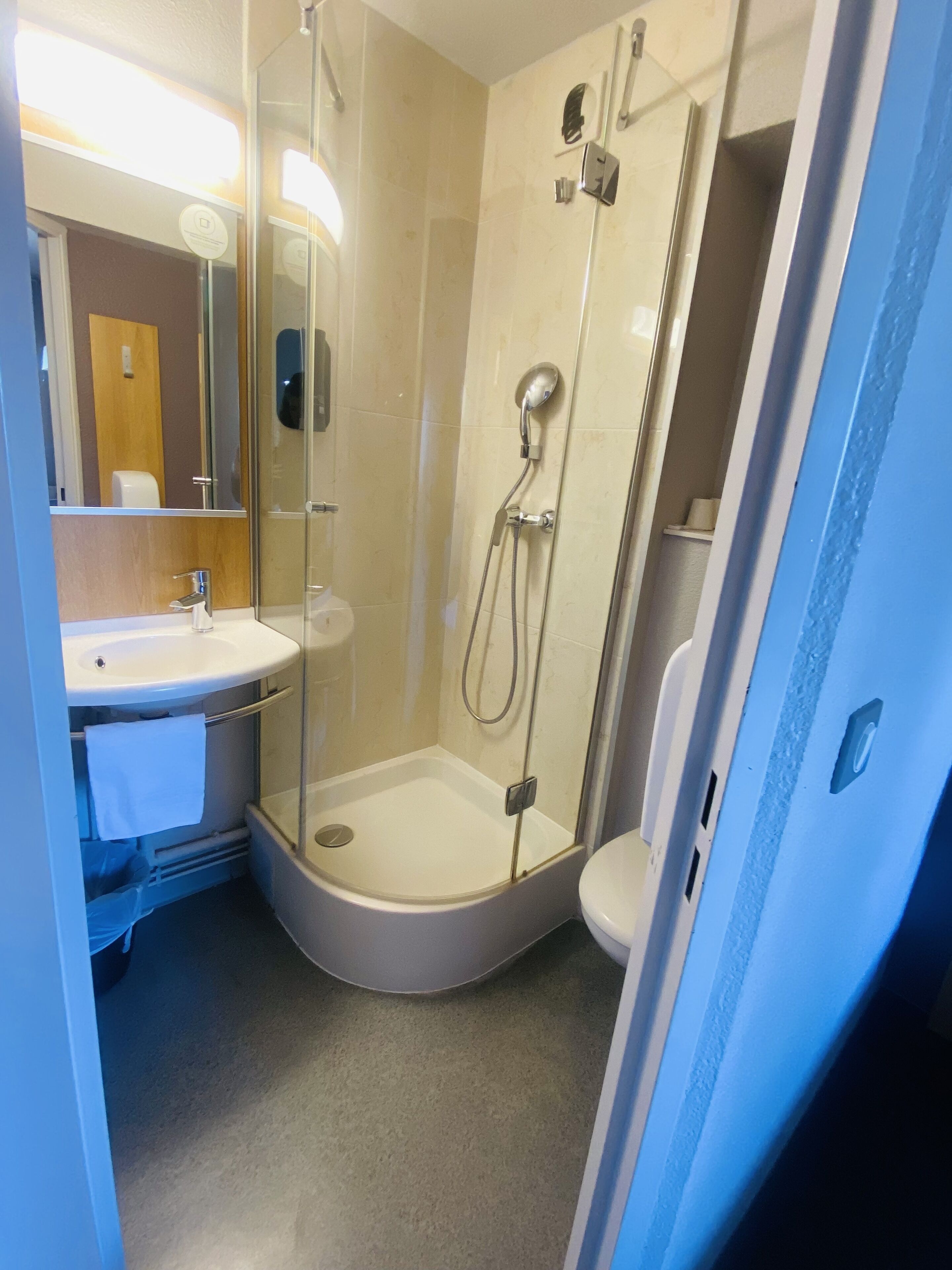 Un baño moderno con ducha de vidrio, lavamanos e inodoro.