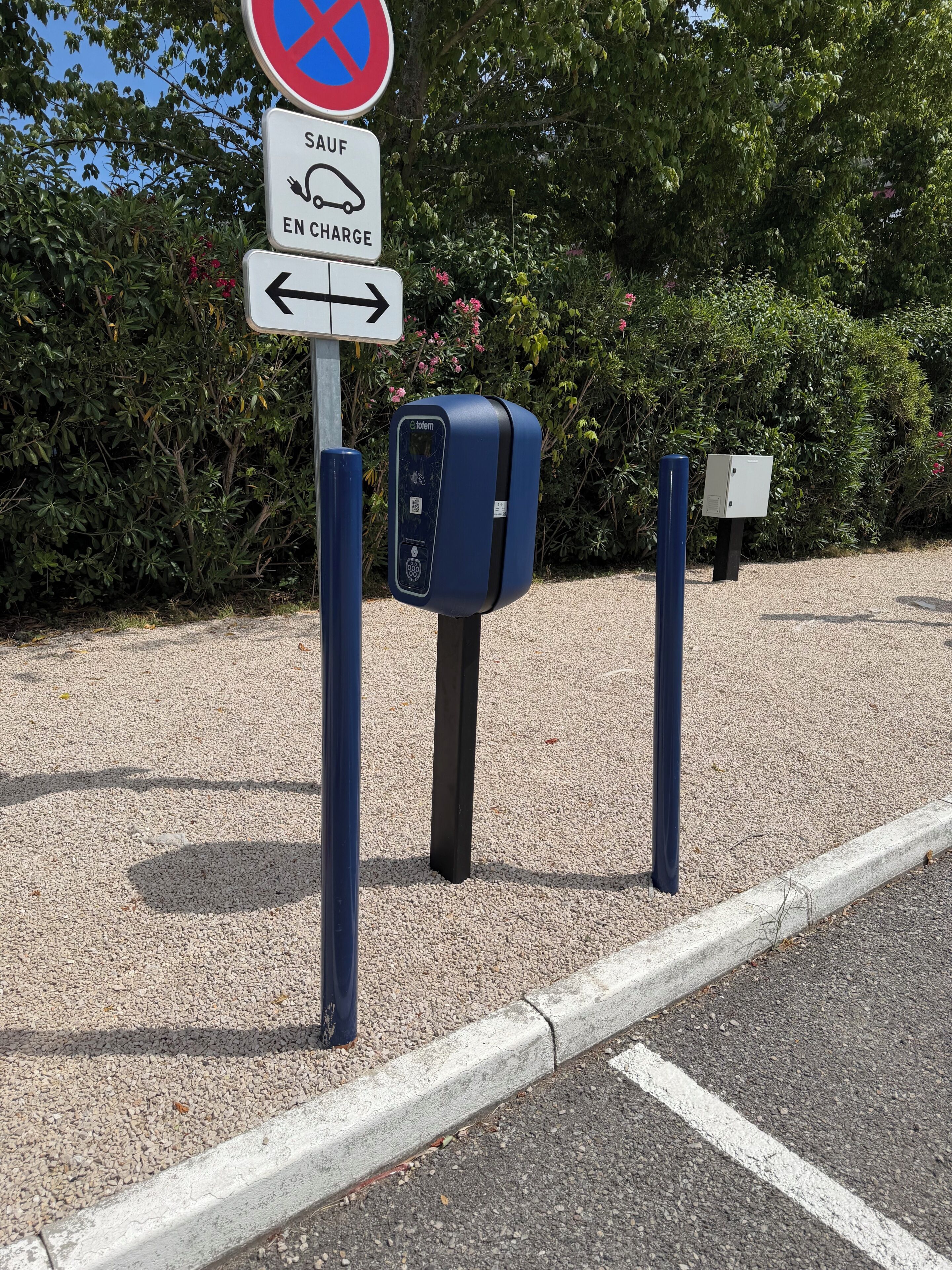 A parking sign with a no parking symbol, a sign indicating a charging station, and a parking meter.
