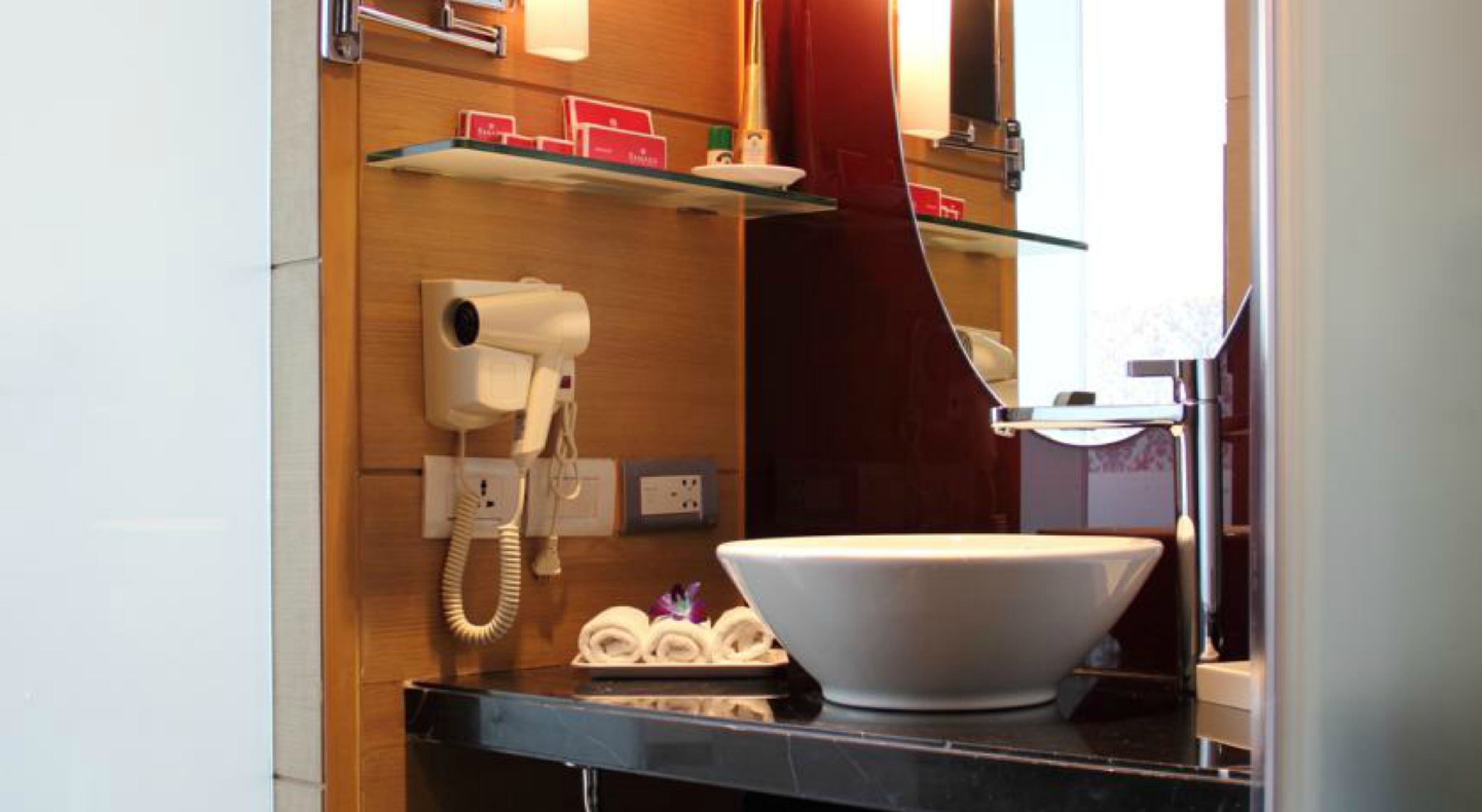 rainfall showerhead, eco-friendly toiletries, hair dryer, bathrobes