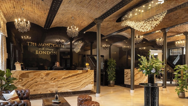 A luxurious lobby with a marble reception desk, plush seating, chandeliers, and potted plants. - Montcalm Brewery, London City (London)