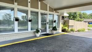 Una entrada techada con puerta de cristal, plantas en macetas y un borde amarillo.