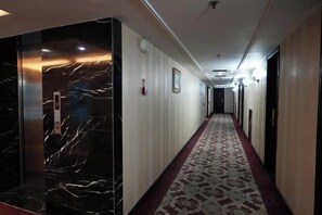 Een hotelgang met een marmeren lift, een kamergestreept tapijt en deuren naar de kamers.