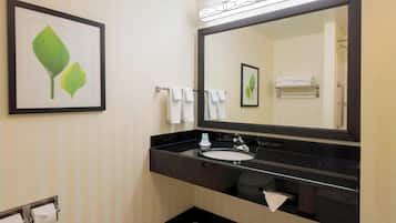 A bathroom with a black countertop, white sink, and a large mirror. There are two framed leaf paintings on the wall.