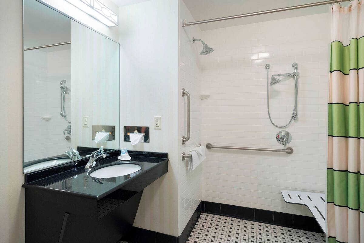 combined shower/bathtub, free toiletries, hair dryer, towels