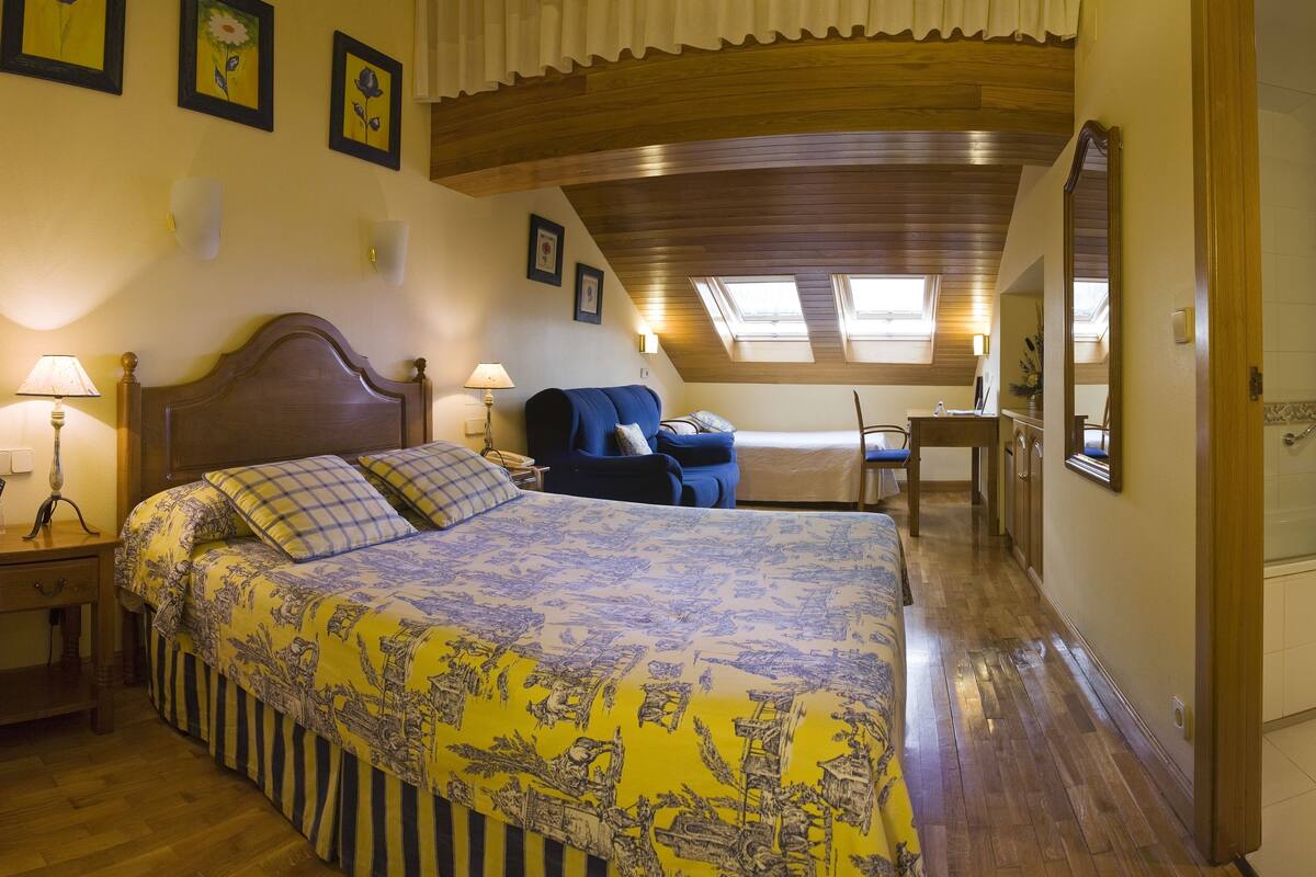 A bedroom with a large bed, a chair, a desk, and a skylight.
