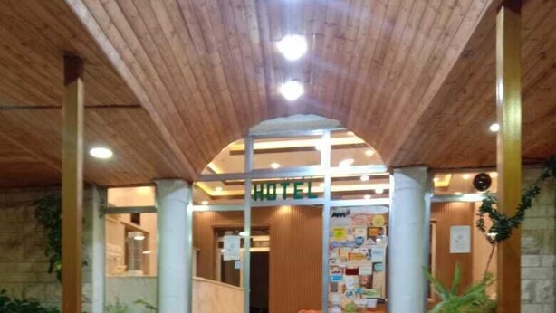 A hotel entrance with a wooden ceiling, a staircase leading to the lobby, and potted plants. - Mussa Spring Hotel (Wadi Musa)