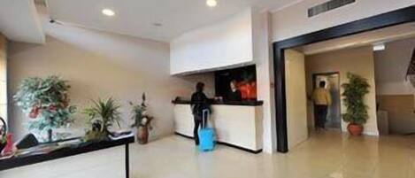 Zona de recepción de un hotel con un mostrador, plantas en macetas y una persona de pie cerca del mostrador.